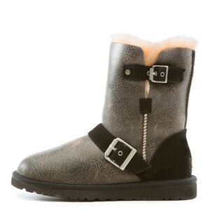 UGG Classic Short Dylan Black and Gray Leather Ankle Buckle Boots